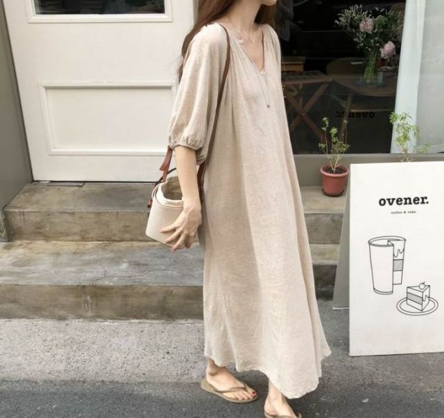 ワンピース ワンピドレス 膝下 ロング ロング丈 袖あり 半袖 Vネック