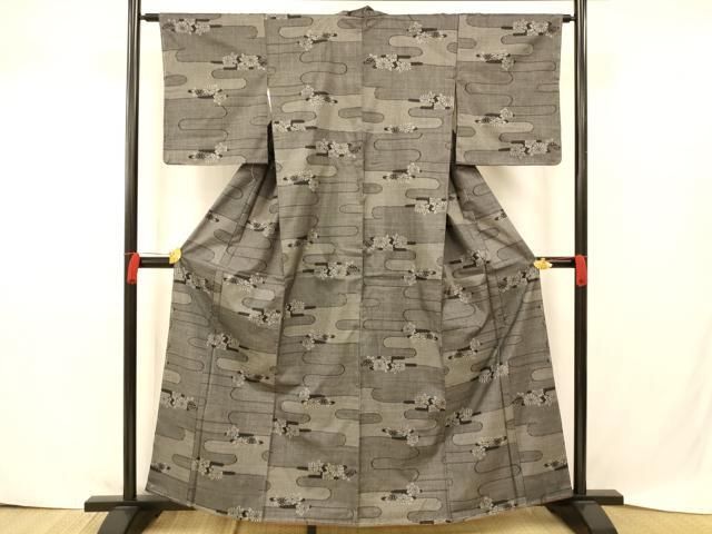 平和屋着物▽本場大島紬 単衣 7マルキ 枝葉文 黒地 正絹 逸品 AABA7741fy