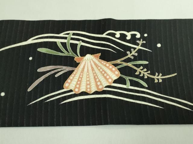 平和屋本店□極上 夏物 倉谷憲明 九寸名古屋帯 絽縮緬 立波に貝 黒地