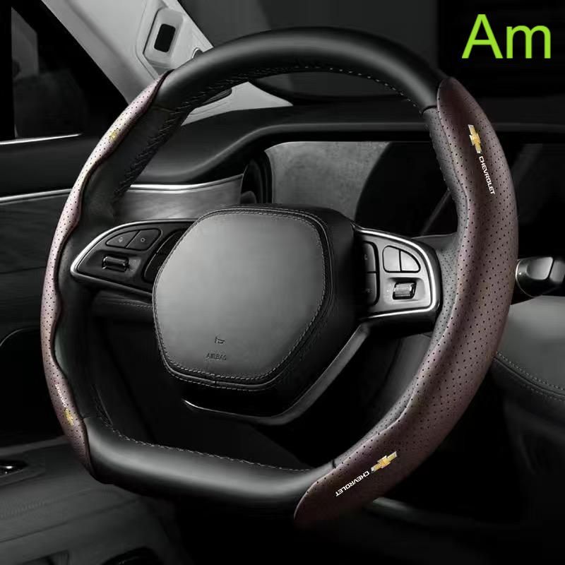 シボレー CHEVROLETモカブラウンハンドルカバー ハンドル保護 専車ロゴ ステアリングカバー レザー 滑り止め D型 O型 分割 タイプ 2本セット aacn qtm