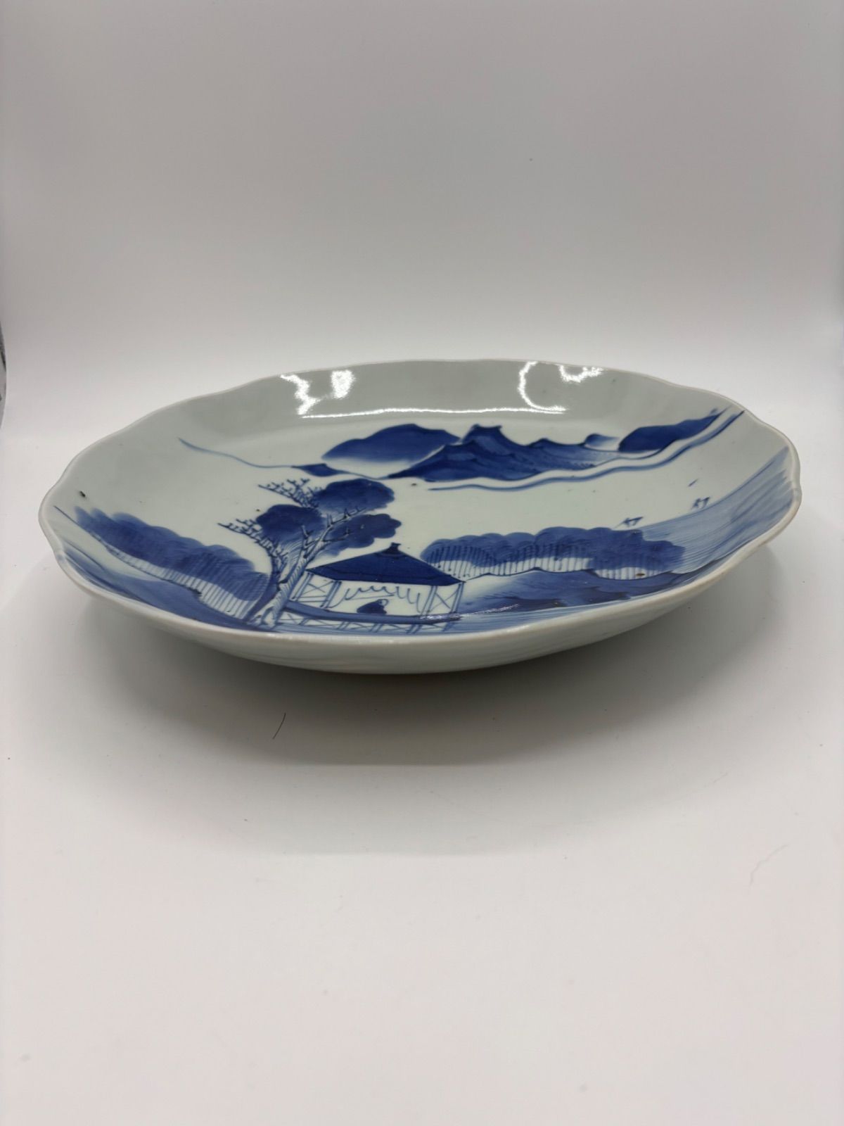 古伊万里　山水楼閣文染付輪花皿　直径40cm 古伊万里】 染付金彩楼閣山水文輪花七寸皿 10客セット 箱付