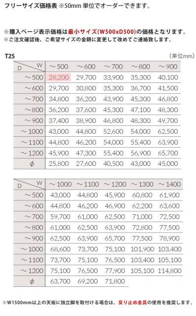 サイズにより価格が変わります