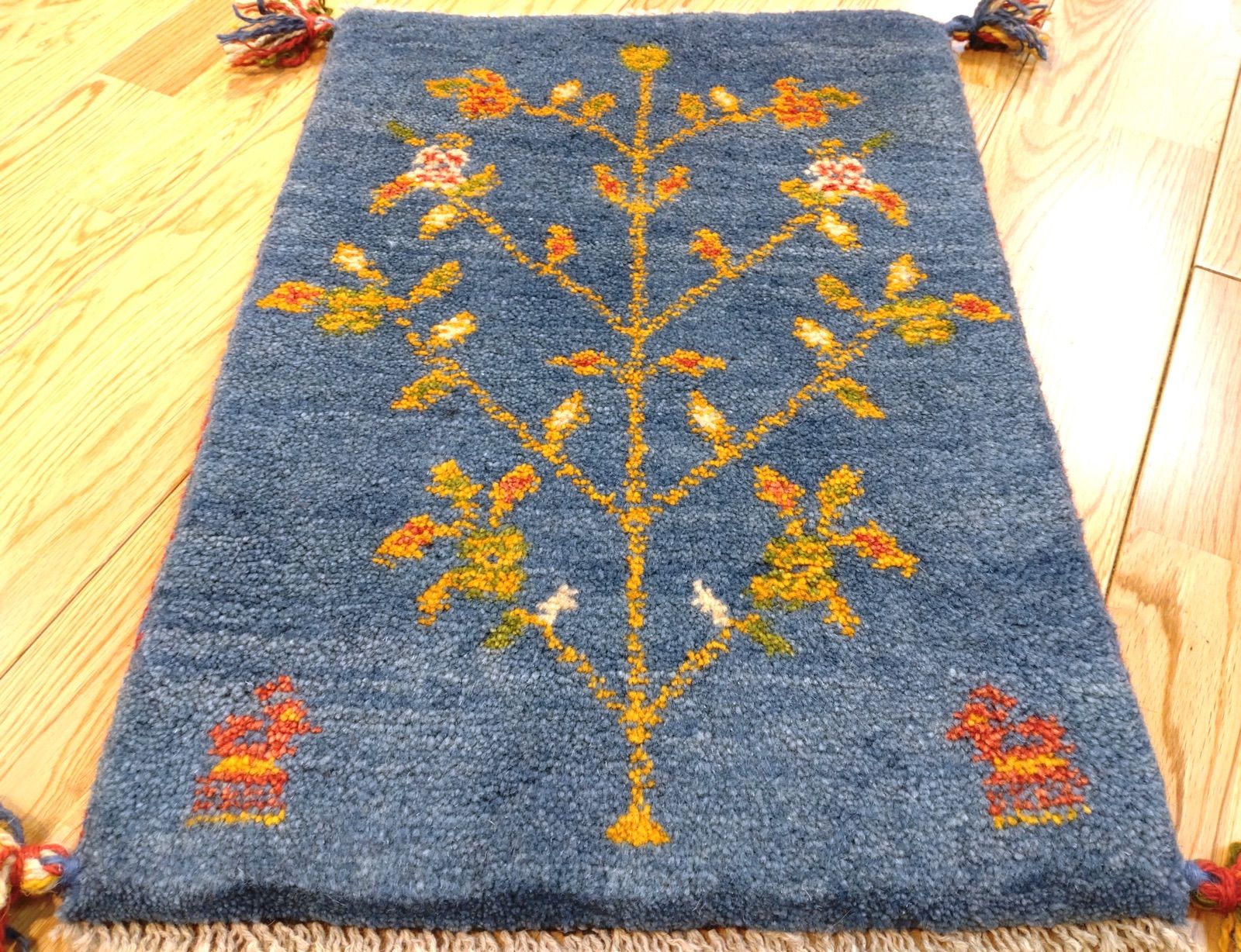 ペルシャ ギャッベ 玄関マット小 40×57 青 生命の木 花 - オリエンタル