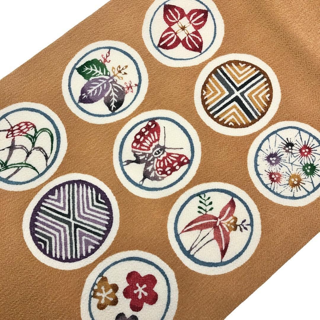 名古屋帯 型染 紅型 丸に花模様 縮緬 梅茶色 O-5467 名古屋帯 型染 紅型 丸に花模様 縮緬 梅茶色 O-5467 - メルカリ