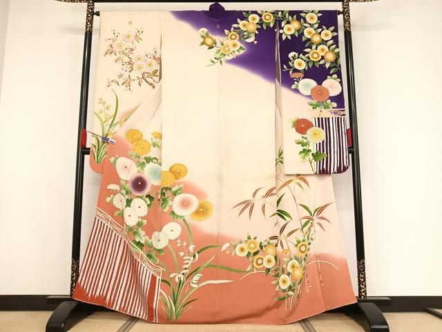 (あ694)珍品‼️縮緬 型染めアンティーク振袖㊗️青海波 鶴 松柄扇 鼓 ✨ 丸帯 振袖 鶴 鼓 花 レトロ アンティーク 年代物 金糸 吉祥模様