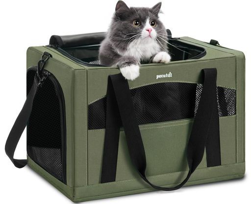 Pecuteペットキャリー猫キャリーバッグ手提げ猫キャリーショルダー猫きゃりーバッグ猫ウサギ小型犬小動物用リュック通気性折りたたみお出かけドライブ旅行通院防災避難用ダークグリーン