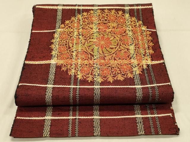 平和屋着物◎八寸名古屋帯 紬地 幾何学文 金糸 正絹 逸品