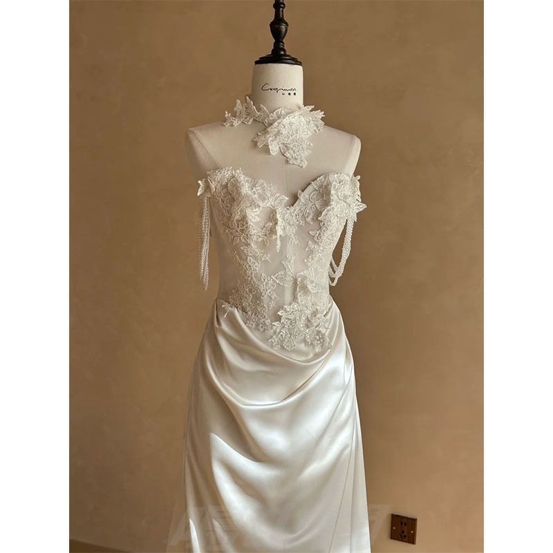 送料無料 感 フランス風レース 軽やかウェディングドレス レディース 小顔効果 魚尾ロングドレスWP今だけ 109