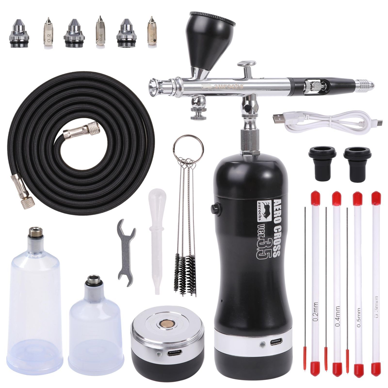 エアブラシ セット USB コンプレッサー ダブルアクション オートオフ : COLOR PEAK充電式エアブラシ コンプレッサー 残電量