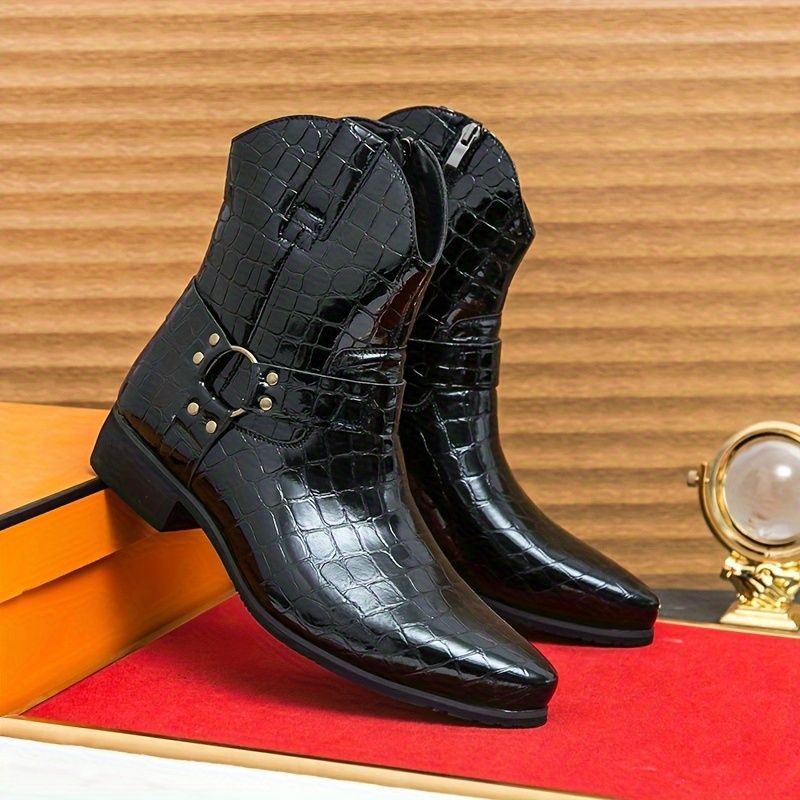 ウエスタンブーツ カウボーイブーツ リングブーツ チャンキーヒール ユニセックス ローヒール 騎士ブーツ 冬靴 春秋 柔らか ノンスリップ 復古 カウボーイ レトロ 厚底 防水 カット ハイカット メンズブーツ ブーツ 冬 防滑 ロック系 ブラック