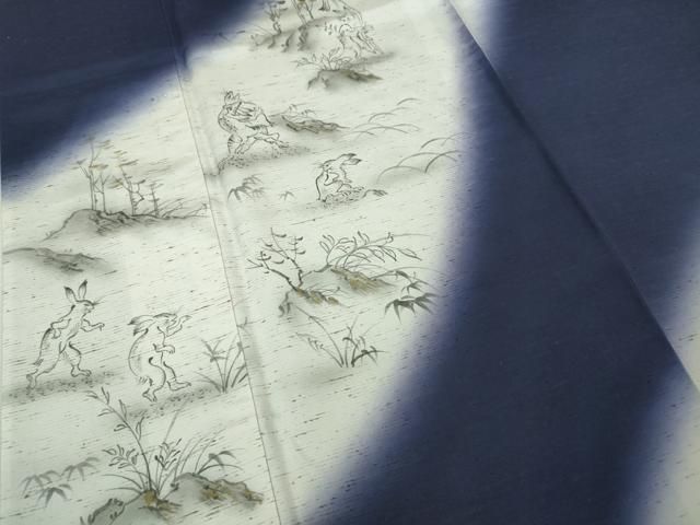 平和屋本店□極上 訪問着 ぜんまい紬 作家物 鳥獣戯画 手描き 金彩  