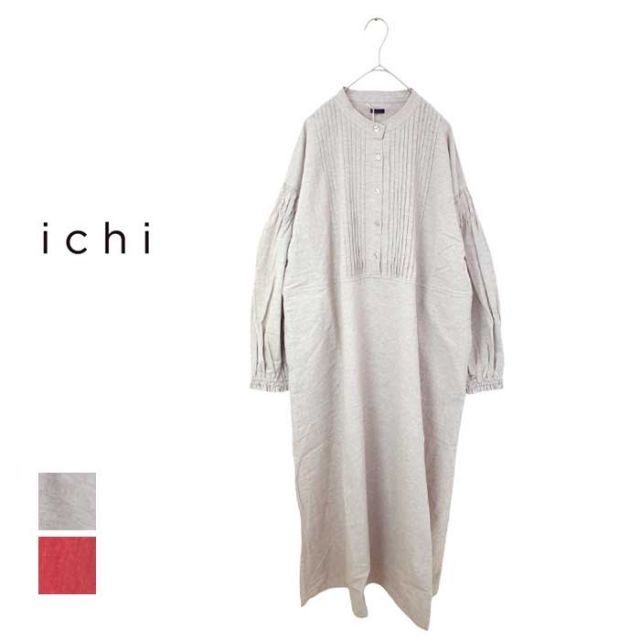 イチ ワンピース ichi 240527 C|L ピンタック ナチュラル レッド フリーサイズ コットン リネン パフスリーブ 丈長め 240926
