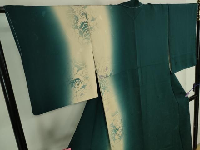 平和屋本店□極上 訪問着 地紋起こし 薔薇 バラ 百入茶色地 暈し染め