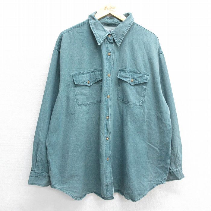 XL/古着 長袖 シャツ メンズ 大きいサイズ コットン 緑 グリーン デニム 24sep09 中古 トップス