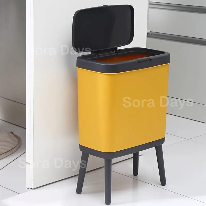 ゴミ箱 ダストボックス 蓋付き プッシュ式 脚付き モダン おしゃれ シンプル インテリア 北欧 袋が見えない 隠せる 省スペース 高さあり ブラックアクセント ツートンカラー ダークグリーン オレンジ プラスチック 15L 33.2×48.5×19.6cm