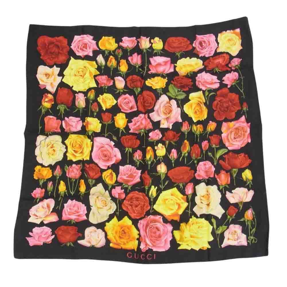 GUCCI グッチ シルク100% 薔薇 バラ フラワー スカーフ ブラック系