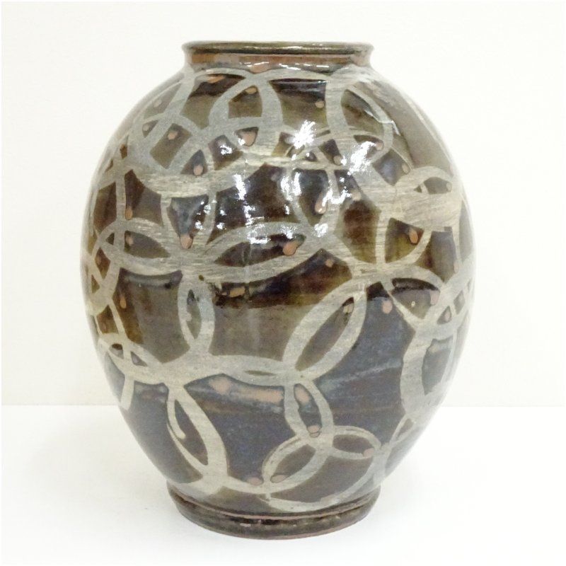 ファッション 益子焼 木村充造 柿釉抜渦文壷（共箱） 壺 おしゃれ つぼ