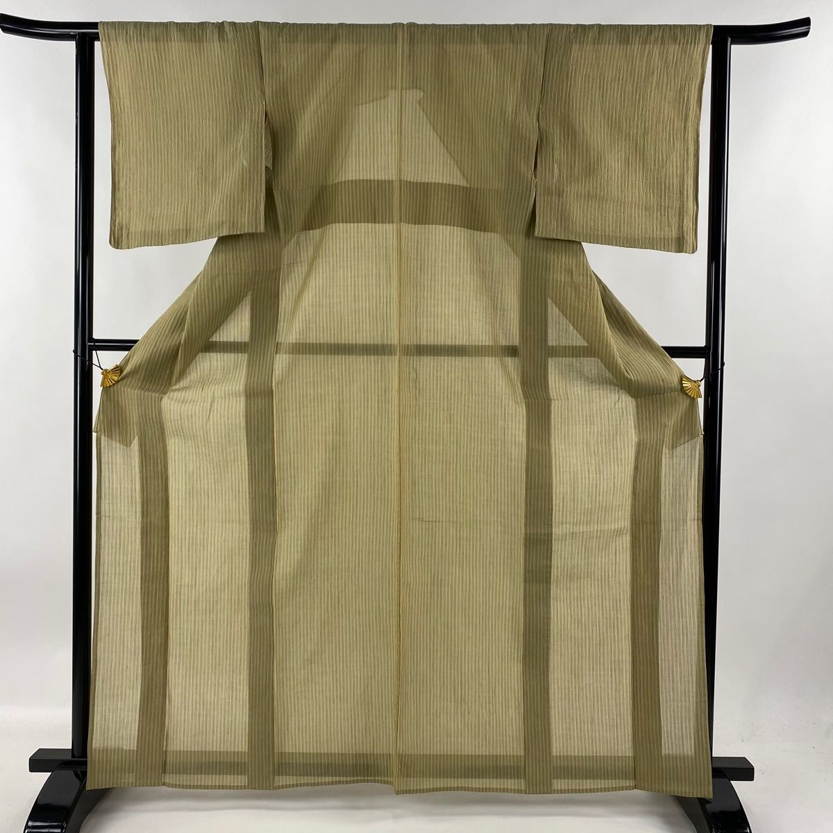 紬 身丈164cm 裄丈63cm S 薄物 夏紬 縦縞 黄土色 麻 名品