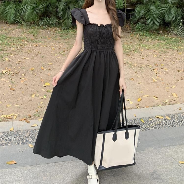 コムデギャルソン 【美品】ノースリーブ シャーリング ロングワンピース Ｍ 胸元 シャーリング ワンピース 白 黒 全2色 肩フリル