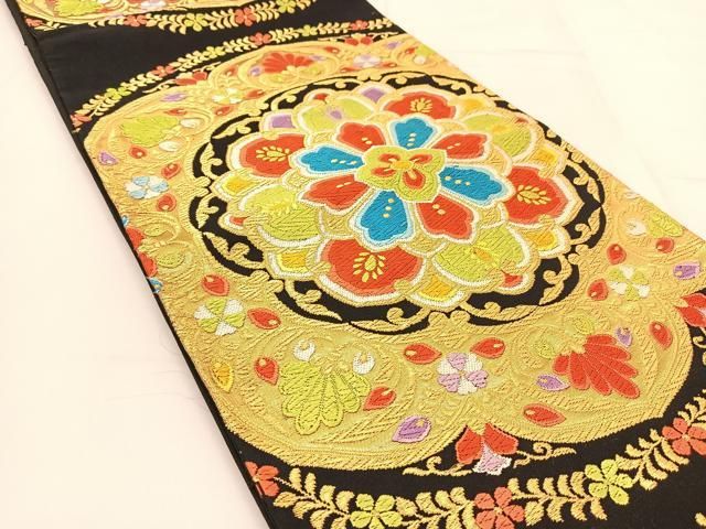 平和屋着物◎六通柄袋帯 唐織 正倉院花文 黒地 金銀糸 正絹 逸品