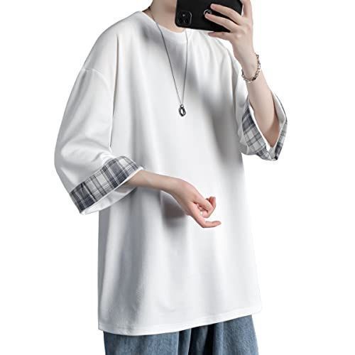 #66:ホワイト_L [Culeevp] 夏服 メンズ tシャツ メンズ 七分袖 半袖 大きいサイズ 無地 速乾性 柔らかい 服 メンズ 白L