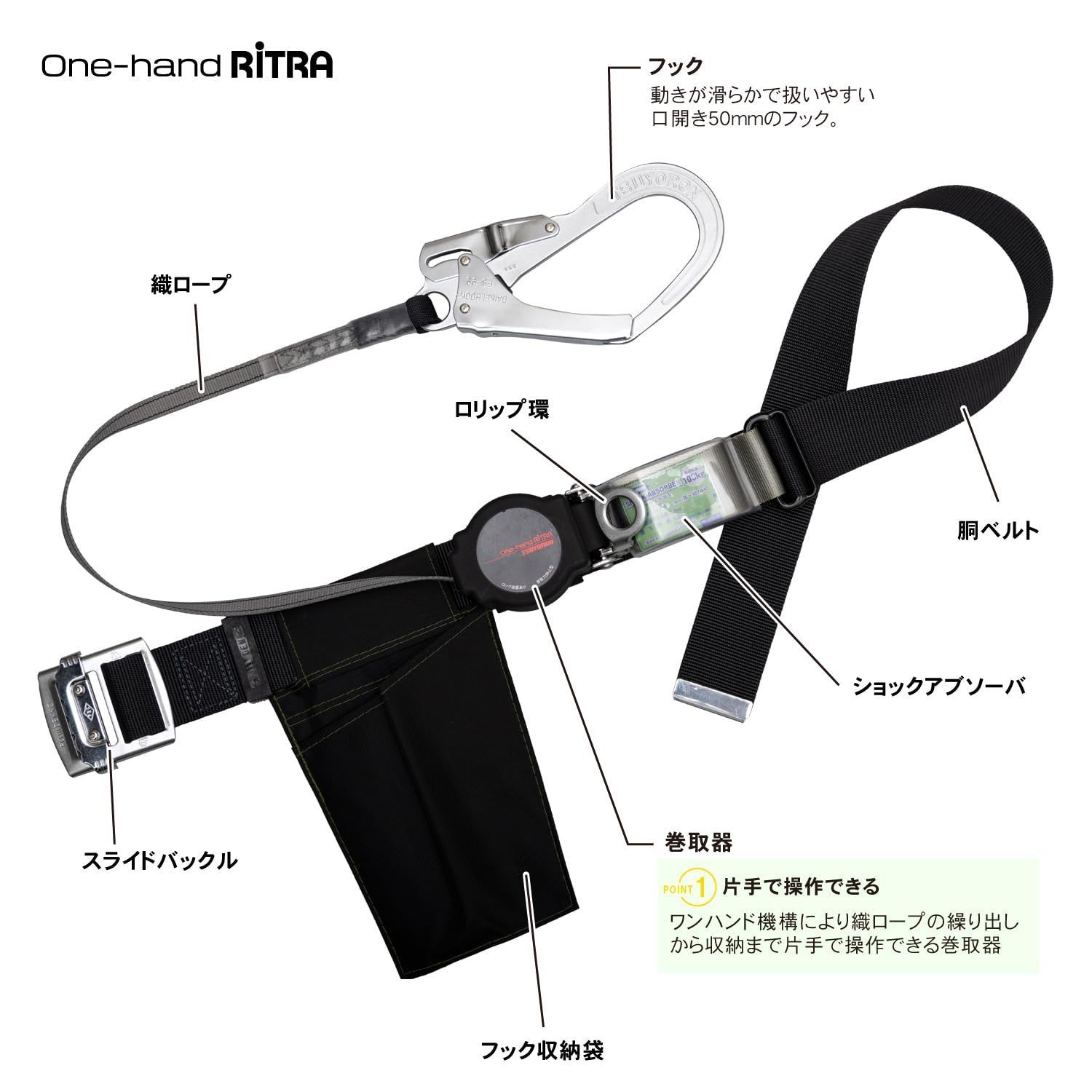 ロック機構付き ブラック 黒 巻取式 Lサイズ ベルト長さ ワンハンドリトラ 1400mm TB-ORN-599-BLK-L 胴ベルト型 墜落制止用器具 新規格 胴ベルト 安全帯 藤井電工 ツヨロン TSUYORON