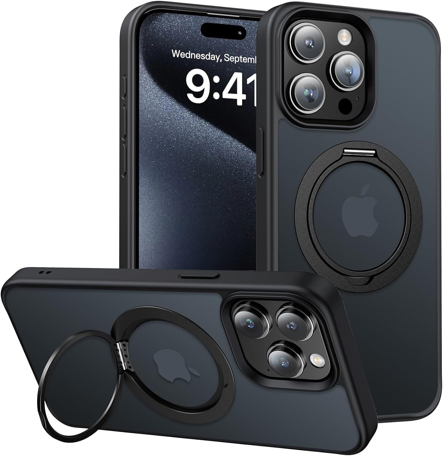 【360回転リングスタンド！】Meifigno iPhone 15 Pro ケース MagSafe対応 リング付き ワイヤレス充電対応 米軍規格 耐衝撃 いphone15pro ケース マグセーフ対応 マグネットリング 6.1インチ(半透明 ブラ