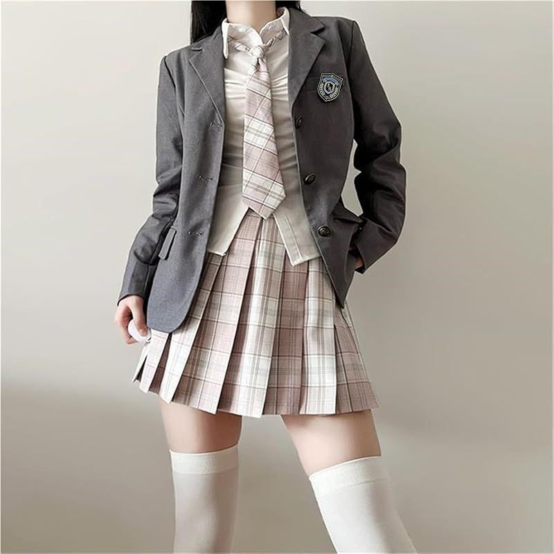 Sivrusn 女子高生 コスプレ 制服 ブレザー 学生服 本格制服 5点セット プリーツスカート ネクタイ シャツ バッジ 女子高校生 スクールスーツ JK せいふく コスチューム 仮装 学園祭 文化祭 卒業式 入学式 grey S 0