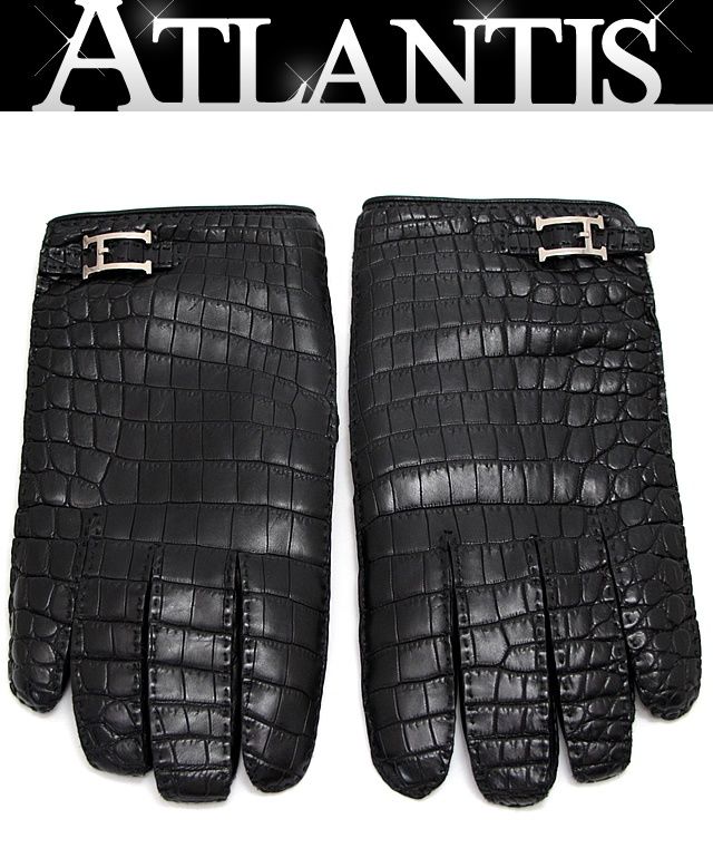 エルメス HERMES クロコダイル アリゲーター 手袋 グローブ H金具 黒 S金具 Size81/2 メンズS相当 【68634】