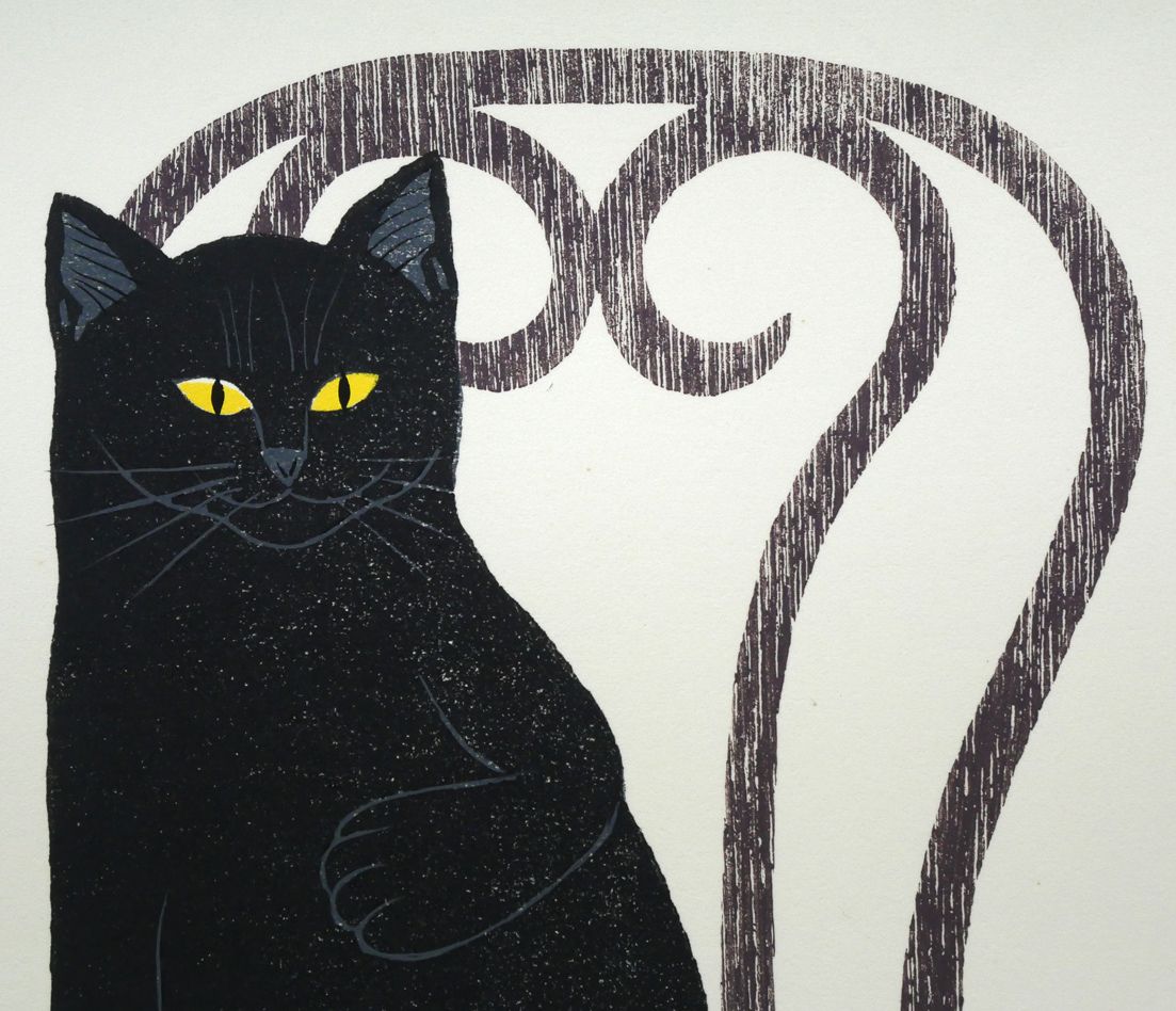 西田忠重 sitdown 19/80 猫 木版画 直筆サイン入り / Tadashige