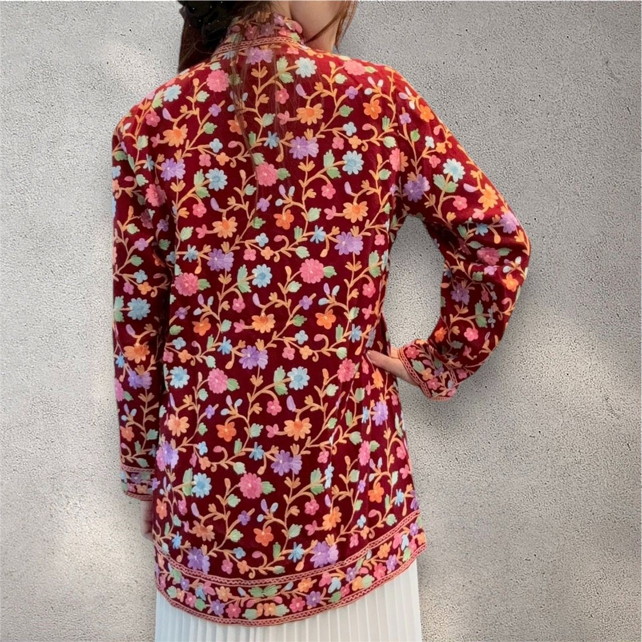 インド刺繍 ジャケット ロング丈 花柄 チュニック アウター レッド