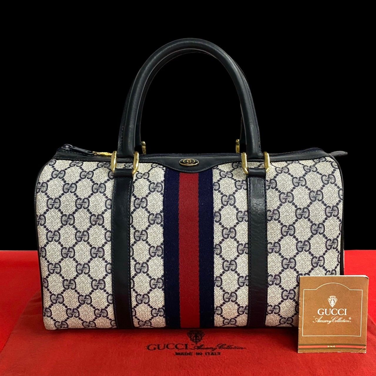 極 美品 袋付 GUCCI オールドグッチ ヴィンテージ シェリーライン GG ロゴ 金具 レザー ハンドバッグ ミニ ボストンバッグ ネイビー  22315 - メルカリ