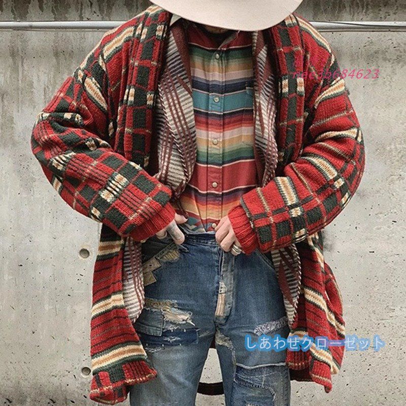 ニットカーディガン メンズ 秋冬 ニットジャケット コーディガン セーター カットソー 暖かい ユニセックス ニットアウター トップス 春秋冬 チェック柄  nee3b684623