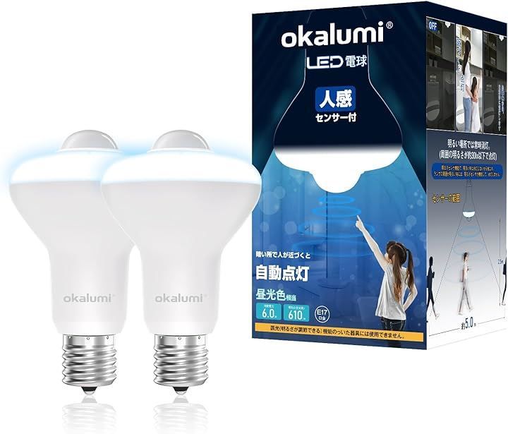 OKALUMI LED電球 人感センサー付 E17口金 6W 60形相当 小型電球