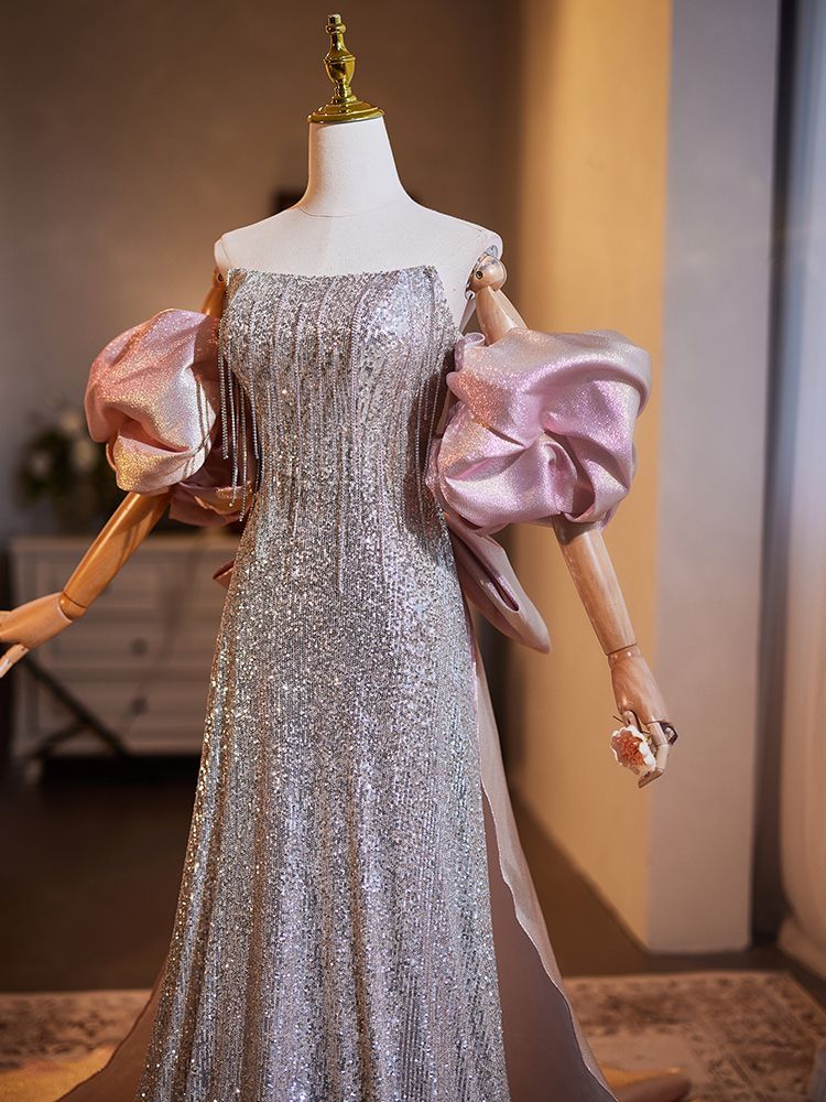 シルバーグレー 感 抹胸 マーメイドライン ロングドレス レディース パーティー 宴会 フォーマル 主催者向け 結婚式 新婦向け 送料無料