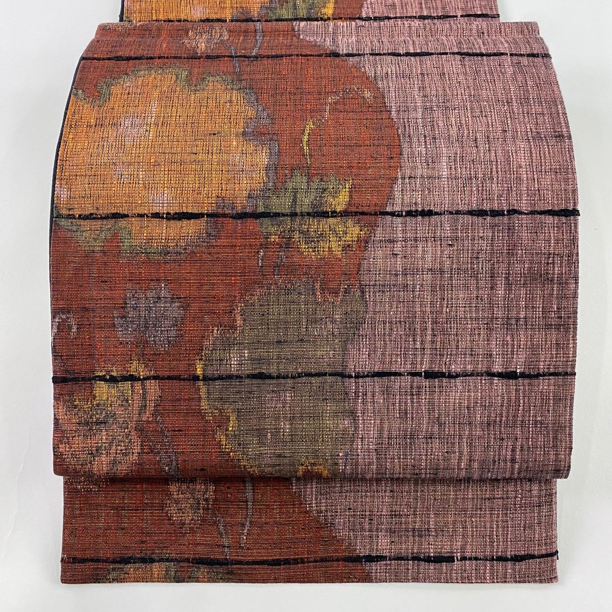 袋帯 秀品 紬地 やまと 雪輪 段嶋 小豆色 全通 正絹