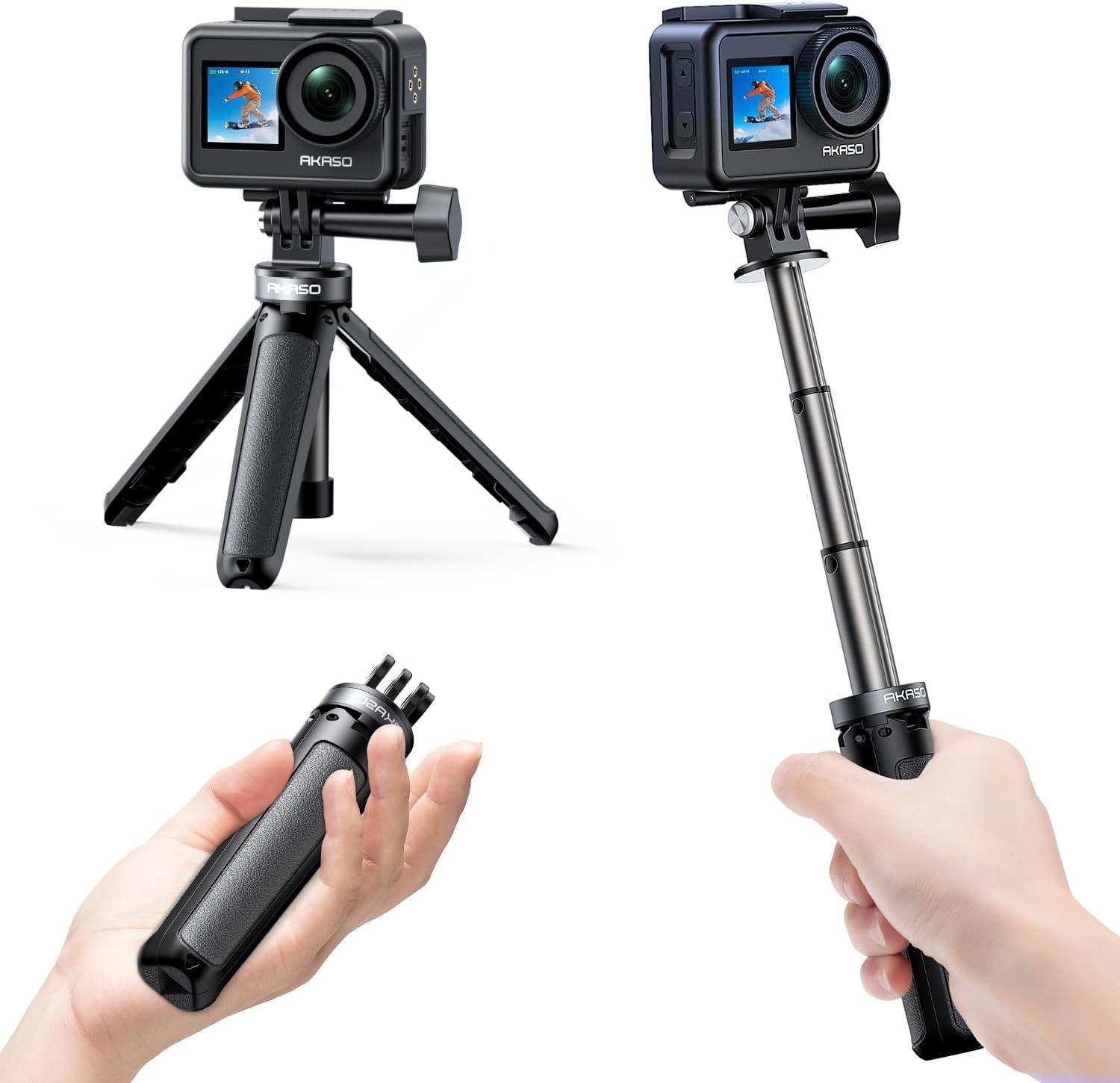 【新着商品】Action対応 Osmo AKASO/Gopro/Dji アクセサリー vlog 卓上三脚 軽量 持ち運び便利 撮影安定 セルカ棒 カメラ三脚 自撮り棒 3段伸縮 ミニ三脚 AKASO