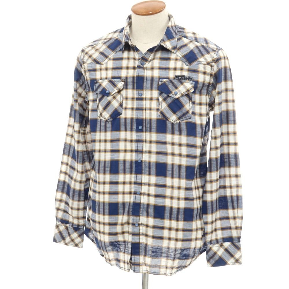 【中古】ディーゼル DIESEL コットン チェック ウエスタン カジュアルシャツ ネイビーxホワイト【サイズM】【メンズ】