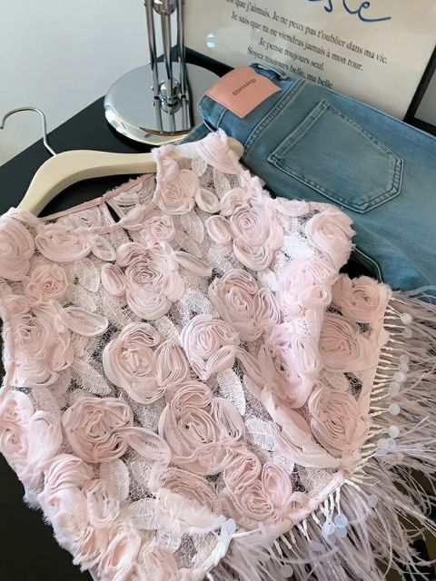 立体デザイン 花 スタッズ×フリンジ レースカーディガン (T)