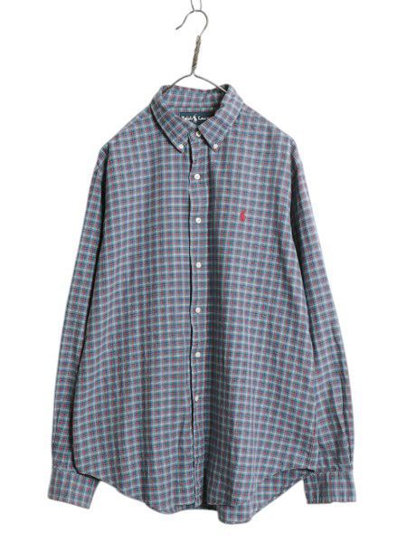 【お得なクーポン配布中!】 00s ラルフローレン チェック 長袖 ボタンダウン シャツ メンズ L 古着 オールド ポロ コットン BD 長袖シャツ ワンポイント マルチカラー