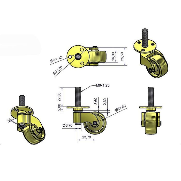 12個セットブラス（真鍮)キャスター 1-1/4” マシンスクリュー（機械ネジ）