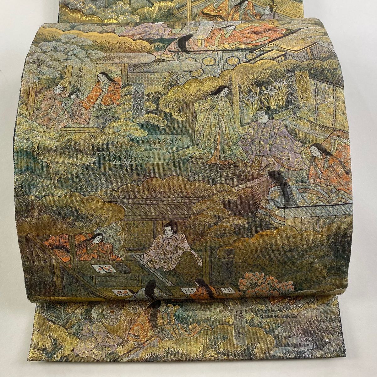 袋帯 名品 源氏物語絵巻 箔 茶緑色 全通 正絹