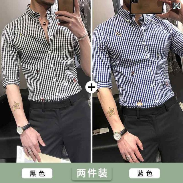 XL 春 コーデ メンズ 服 シンプル ファッション オシャレ 大人 かっこいい 大きいサイズ ストリート 紳士服 ストライプ シャツ 半袖 スリムフィット 七分袖 シャツ ハイエンド チェック柄