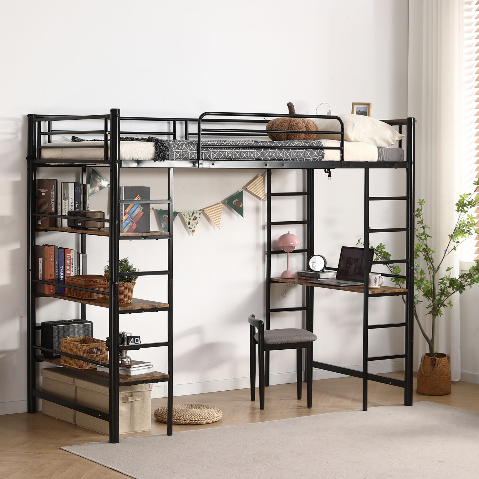 超人気！ステムベット ロフトベッド シングル コンセント付き 収納付きBlack 超人気！ステムベット ロフトベッド シングル コンセント付き 収納付き