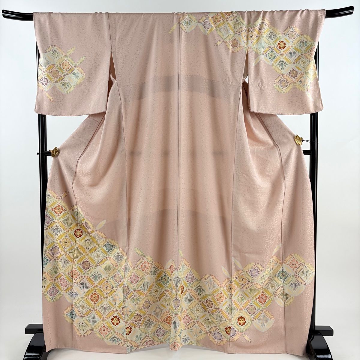 訪問着 身丈166cm 裄丈70cm L 袷 松竹梅 七宝 金糸 金彩 薄ピンク 正絹 秀品 一つ紋