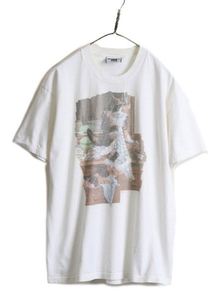 90s USA製 ネコ アート イラスト プリント Tシャツ L アニマル 白