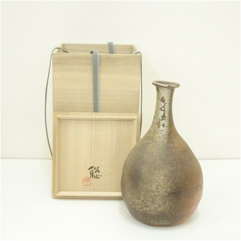 (511*Z225)*陶芸 花瓶 花入 備前焼 茶道具 水次 備前焼 鶴首花入 胡麻 紙箱入り | 興楽園