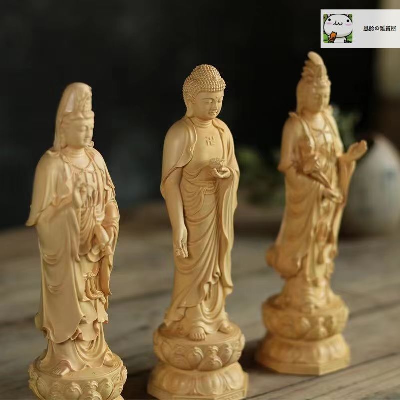 古美術　仏像 菩薩像　木彫 新品・未使用】仏教美術 阿弥陀如来 観音菩薩 大勢至菩薩像 三尊