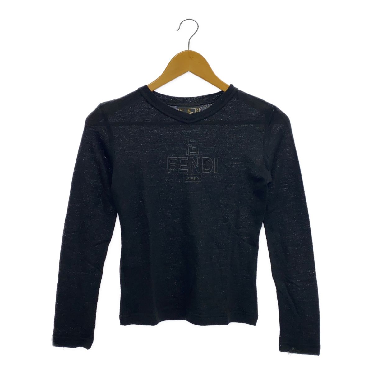 FENDI フェンディ JEANS L|S LOGO TEE トップス 透け感 ロゴ タイト レディース シンプル ブラック ウール イタリア製