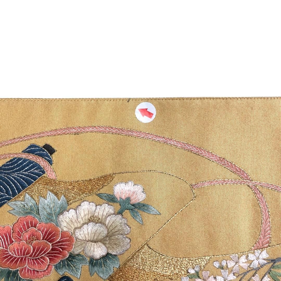 袋帯 総刺繍 衣桁に十二単の女性 花模様 鳥 金銀糸 密陀僧色 O-5161  